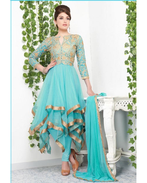 Passion Sky Blue Color Gold Lace And Embroidered Designer Suit